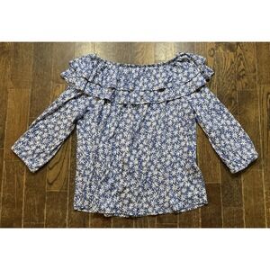 J. Jill Blouse Off Shoulder Blue White Floral Ruffled Neck 3/4 Sleeve Size L